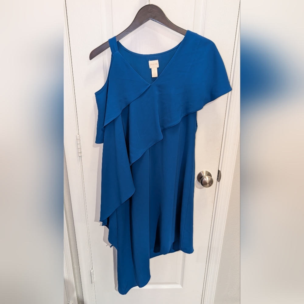 Chico's Petite Asymmetrical Ruffle Dress Size‎ 1 (8) Cobalt Blue